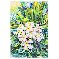 'White Frangipani II' - Signed Impressionist Watercolor Painting of White Flowers