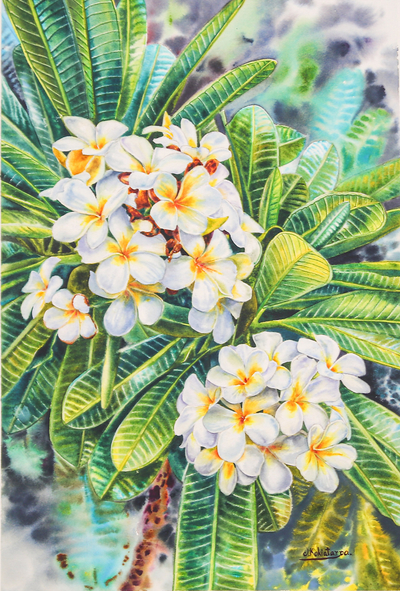 'White Frangipani III' - Gestreckte impressionistische Aquarellmalerei mit weißen Blumen