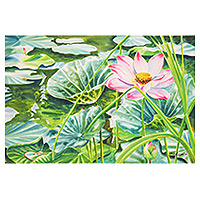 'Spring Lotus' - Floral Impressionist Watercolor Painting of Pink Lotus