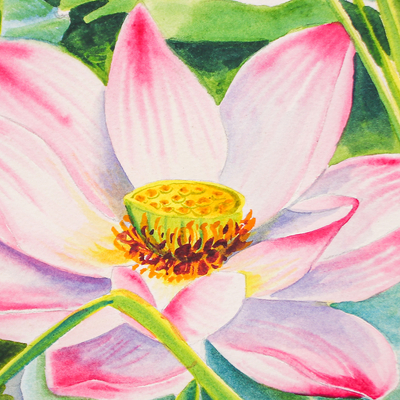 'Spring Lotus' - Florale impressionistische Aquarellmalerei von Rosa Lotus