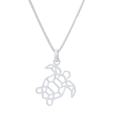 Sterling silver pendant necklace, 'Free Turtle' - Geometric Sterling Silver Necklace with Turtle Pendant