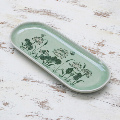 Celadon ceramic tray, 'Thai Lotus' - Handcrafted Lotus-Themed Celadon Ceramic Tray from Thailand