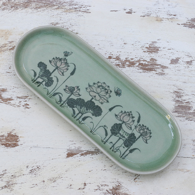 Celadon ceramic tray, 'Thai Lotus' - Handcrafted Lotus-Themed Celadon Ceramic Tray from Thailand