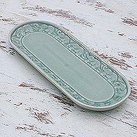 Celadon ceramic tray, 'Divine Parade' - Handcrafted Elephant-Themed Celadon Ceramic Tray
