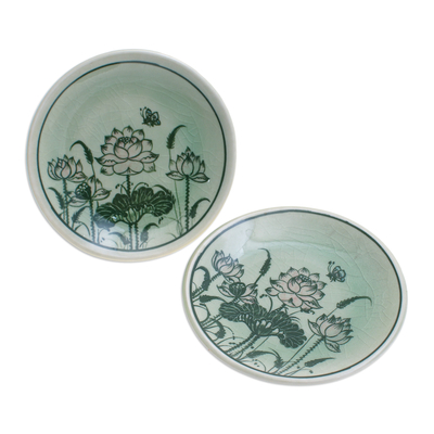 Celadon ceramic saucers, 'Luxuriant Lotus' (pair) - Pair of Celadon Ceramic Saucers Hand-Crafted in Thailand