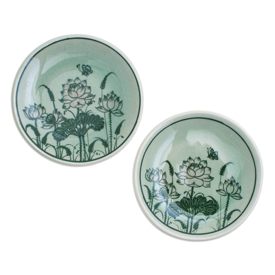 Platillos de cerámica Celadon, (par) - Par de platillos de cerámica Celadon hechos a mano en Tailandia