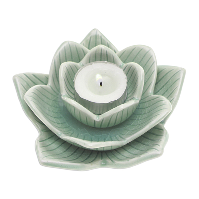 Lotus-Shaped Celadon Ceramic Tealight Candleholder in Green