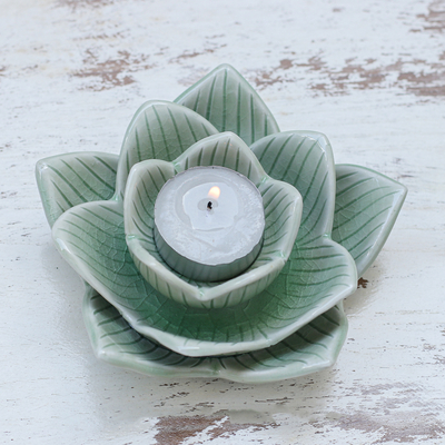 Celadon ceramic tealight candleholder, 'Blooming Lotus' - Lotus-Shaped Celadon Ceramic Tealight Candleholder in Green
