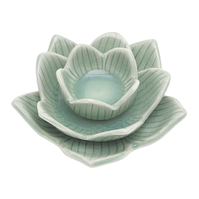 Celadon ceramic tealight candleholder, 'Blooming Lotus' - Lotus-Shaped Celadon Ceramic Tealight Candleholder in Green