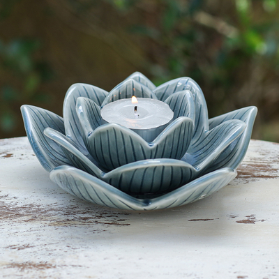 Portavelas de cerámica celadón - Portavelas de cerámica celadón en forma de loto en azul