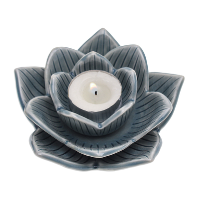 Lotus-Shaped Celadon Ceramic Tealight Candleholder in Blue