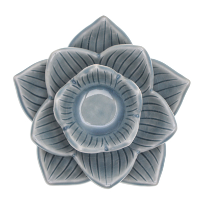 Portavelas de cerámica celadón - Portavelas de cerámica celadón en forma de loto en azul