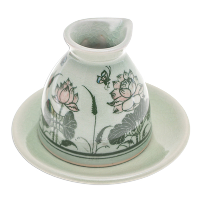 Celadon ceramic milk pitcher and saucer, 'Luxuriant Lotus' - Green Celadon Ceramic Milk Pitcher and Saucer with Flowers