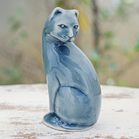 Celadon ceramic figurine, 'Beautiful Cat in Blue' - Blue Celadon Ceramic Cat Figurine Hand-Crafted in Thailand