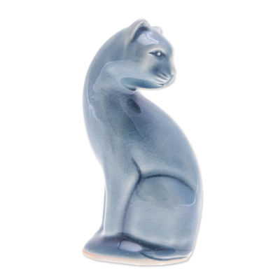 Figurilla de cerámica celadón - Figura de gato de cerámica azul celadón hecha a mano en Tailandia