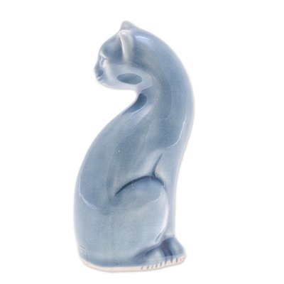 Celadon-Keramikfigur - Blaue Seladon-Keramik-Katzenfigur, handgefertigt in Thailand