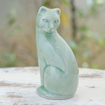 Celadon ceramic figurine, 'Beautiful Cat' - Green Celadon Ceramic Cat Figurine Hand-Crafted in Thailand