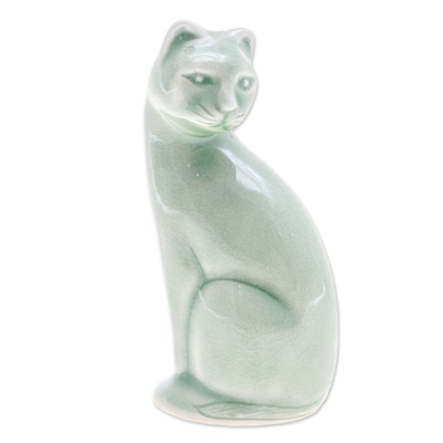 Green Celadon Ceramic Cat Figurine Hand-Crafted in Thailand