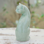 Celadon ceramic figurine, 'Beautiful Cat' - Green Celadon Ceramic Cat Figurine Hand-Crafted in Thailand