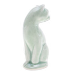 Celadon ceramic figurine, 'Beautiful Cat' - Green Celadon Ceramic Cat Figurine Hand-Crafted in Thailand