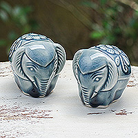 Celadon ceramic mini figurines, 'Thai Elephants' (pair) - Pair of Celadon Ceramic Elephant Mini Figurines in Blue