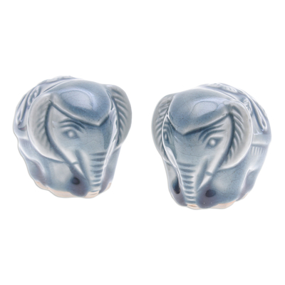Pair of Celadon Ceramic Elephant Mini Figurines in Blue
