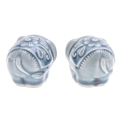 Mini figuras de cerámica Celadon, (par) - Par de Mini Figuras de Elefante de Cerámica Celadon en Azul