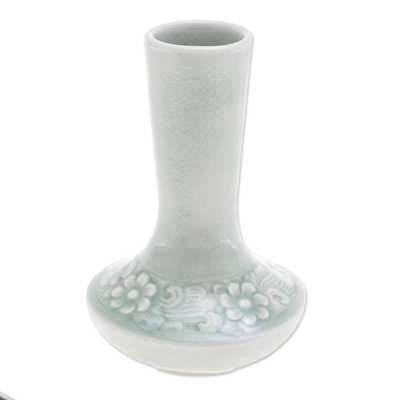 Handmade Celadon Ceramic Vase with Floral Motif in Green