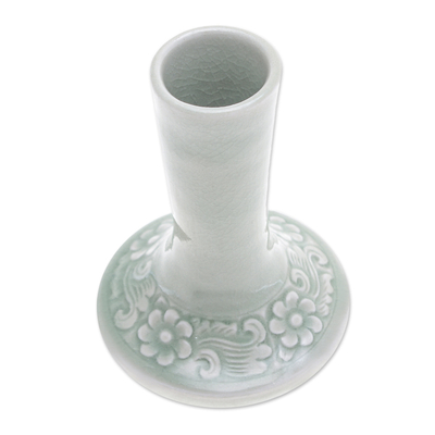 Celadon ceramic vase, 'In Bloom' - Handmade Celadon Ceramic Vase with Floral Motif in Green