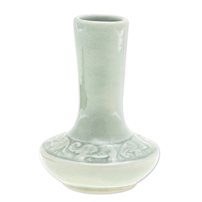 Handmade Celadon Ceramic Vase with Elephant Motif in Green