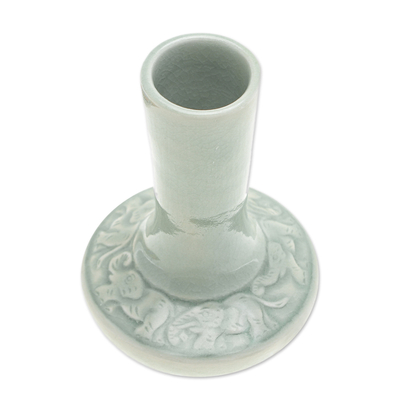 Celadon ceramic vase, 'Elephant Team' - Handmade Celadon Ceramic Vase with Elephant Motif in Green