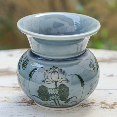 jarrón de cerámica celadón - Jarrón de Cerámica Celadon Hecho a Mano con Motivo Floral en Azul