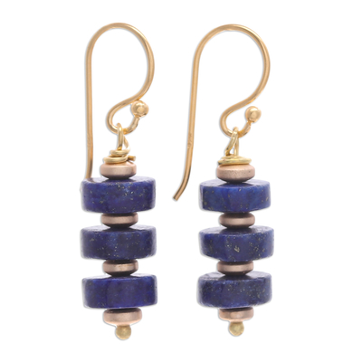 Gold-plated lapis lazuli and hematite beaded dangle earrings, 'Blue Bohemian' - 18k Gold-Plated Dangle Earrings with Lapis Lazuli Beads