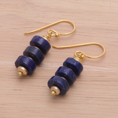 Gold-plated lapis lazuli and hematite beaded dangle earrings, 'Blue Bohemian' - 18k Gold-Plated Dangle Earrings with Lapis Lazuli Beads