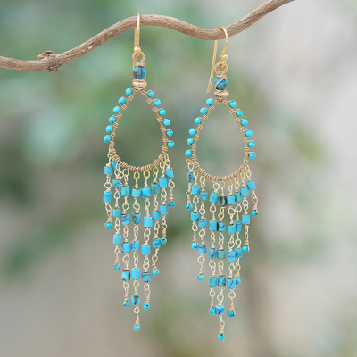 Hematite waterfall earrings, 'Paradise Lake' - Reconstituted Turquoise and Hematite Waterfall Earrings