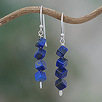 Lapis lazuli beaded dangle earrings, 'Royal Geometry' - Sterling Silver Dangle Earrings with Lapis Lazuli Beads