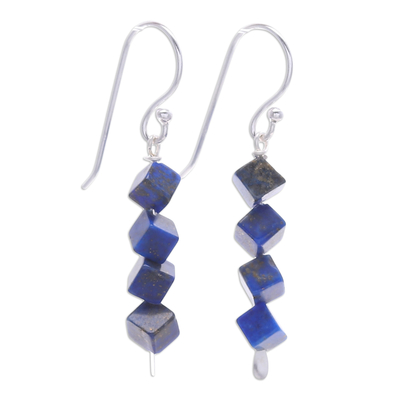 Lapis lazuli beaded dangle earrings, 'Royal Geometry' - Sterling Silver Dangle Earrings with Lapis Lazuli Beads