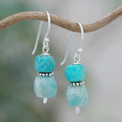Amazonite beaded dangle earrings, 'Heavenly Success' - Dangle Earrings with Amazonite and Recon Turquoise Beads