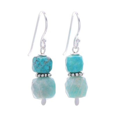Amazonite beaded dangle earrings, 'Heavenly Success' - Dangle Earrings with Amazonite and Recon Turquoise Beads