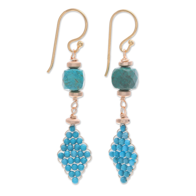 Hematite dangle earrings, 'Summer Blue' - Copper Dangle Earrings with Recon Turquoise and Hematite