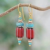 Hematite and glass beaded dangle earrings, 'Bohemian Festival' - Beaded Dangle Earrings with 18k Gold-Plated Hooks