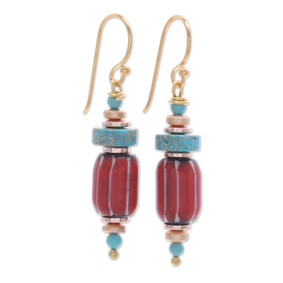 Hematite and glass beaded dangle earrings, 'Bohemian Festival' - Beaded Dangle Earrings with 18k Gold-Plated Hooks
