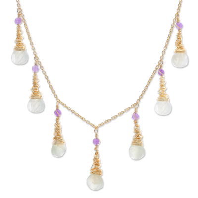 Gold-plated prehnite and amethyst waterfall necklace, 'Wise Bliss' - 24k Gold-Plated Prehnite and Amethyst Waterfall Necklace