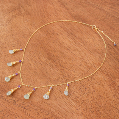 Collar cascada de prehnita y amatista bañado en oro - Collar de cascada de prehnita y amatista chapado en oro de 24 k