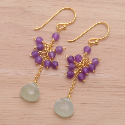 Gold-plated prehnite and amethyst dangle earrings, 'Wise Bliss' - 24k Gold-Plated Prehnite and Amethyst Dangle Earrings