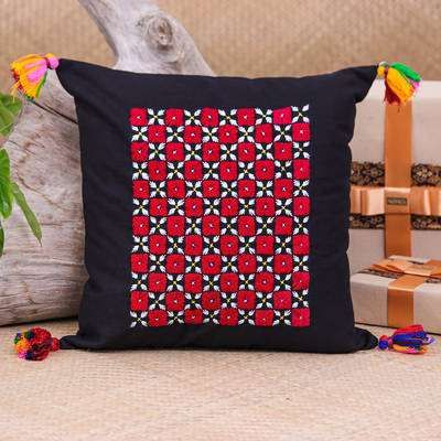 Embroidered cotton cushion covers, 'Cherry Mosaic' (pair) - Handcrafted Embroidered Onyx Cotton Cushion Covers (Pair)