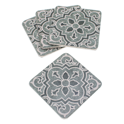 Cement coasters, 'Ceremonial Ivy' (set of 4) - Set of 4 Handcrafted Classic Batik Cement Coasters in Green