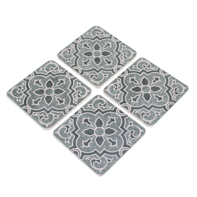 Cement coasters, 'Ceremonial Ivy' (set of 4) - Set of 4 Handcrafted Classic Batik Cement Coasters in Green