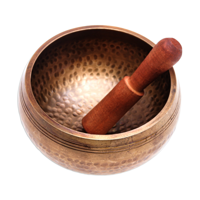 Brass singing bowl, 'Singing Spirit' - Handcrafted Hammered Brass Singing Bowl with Wood Striker