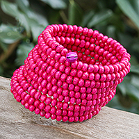 Wood beaded wrap bracelet, 'Pink Spin' (2.5 in) - Handmade Pink Wood Beaded Wrap Bracelet with Bells (2.5 In)
